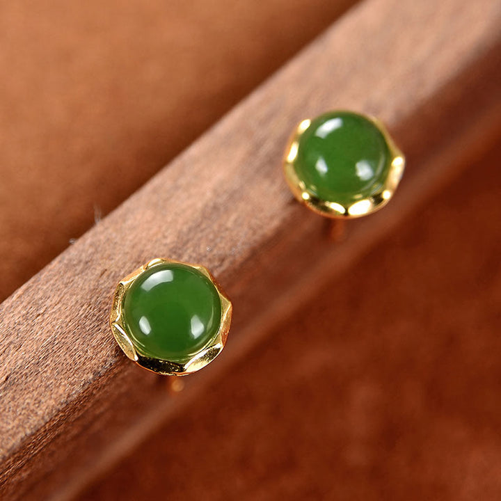 Orecchini a bottone con perline di giada ciano naturale Hetian in argento sterling 925 placcato oro Buddha Stones