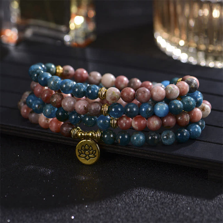 Buddha Stones Lazurite Picasso Jasper Amazzonite Rodonite Apatite Braccialetto di perline di preghiera di loto positivo