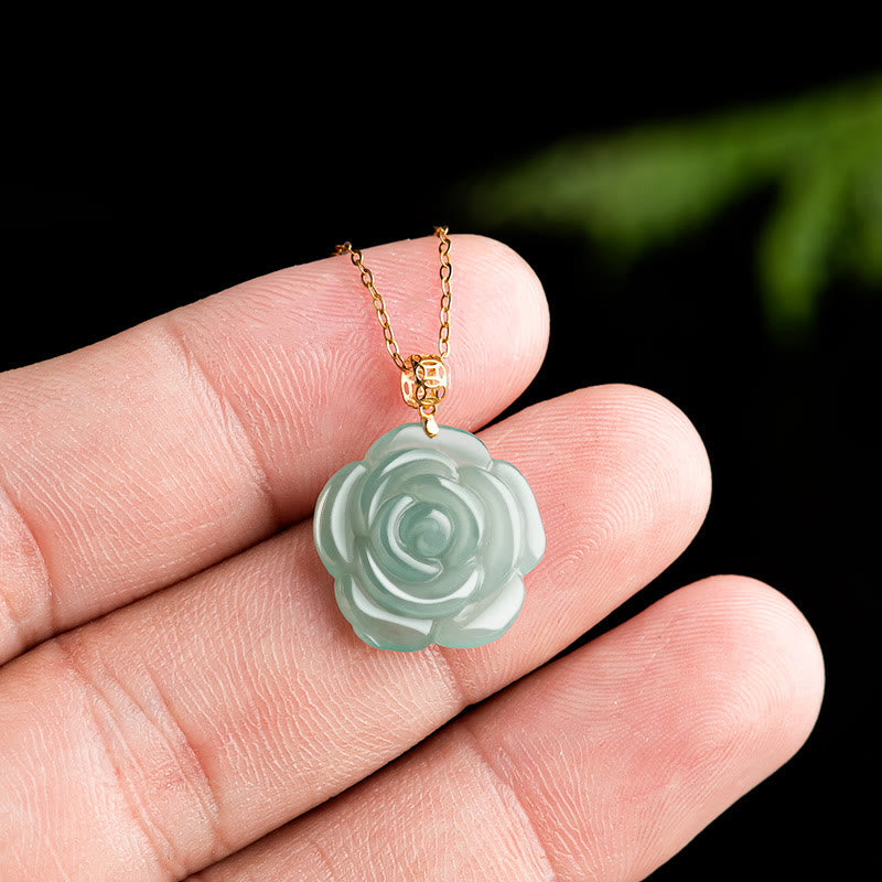 Collana con ciondolo in giada rosa naturale con Buddha Stones in oro 18 carati e argento sterling 925