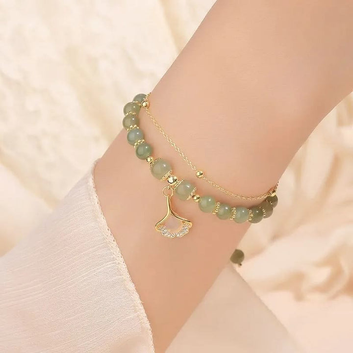Braccialetto di perline con carattere Fu , Buddha Stones di giada, foglia di ginkgo, tulipano, arachidi e fortuna
