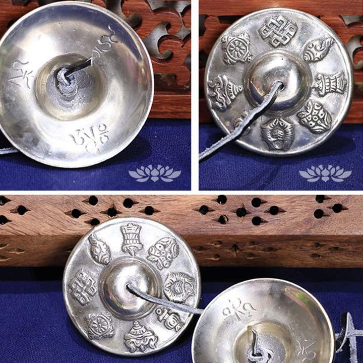 Buddha Stones Campana Tingsha Tibetana Sei Parole Vere Decorazione Guarigione Rame Bianco