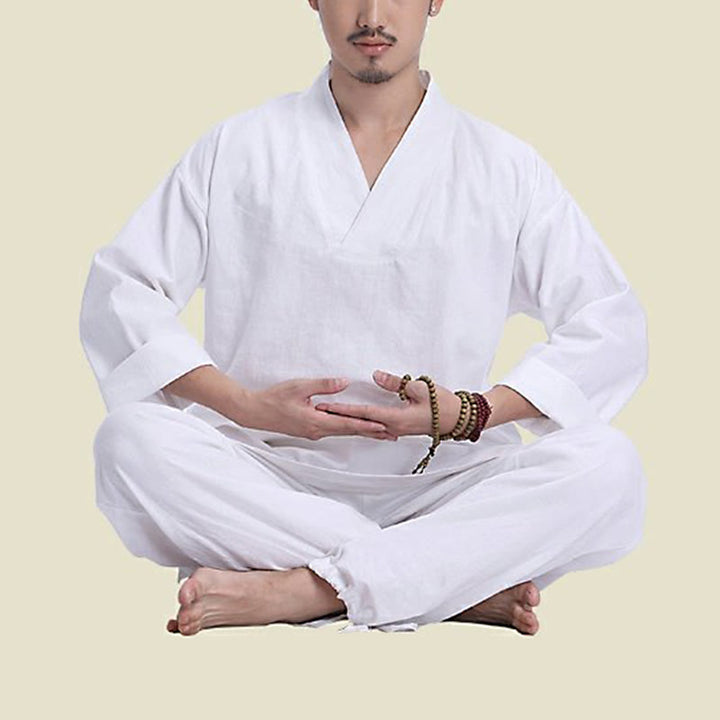 Set da uomo di abbigliamento yoga Buddha Stones a V, in cotone e lino, per meditazione e preghiera, spirituale e zen