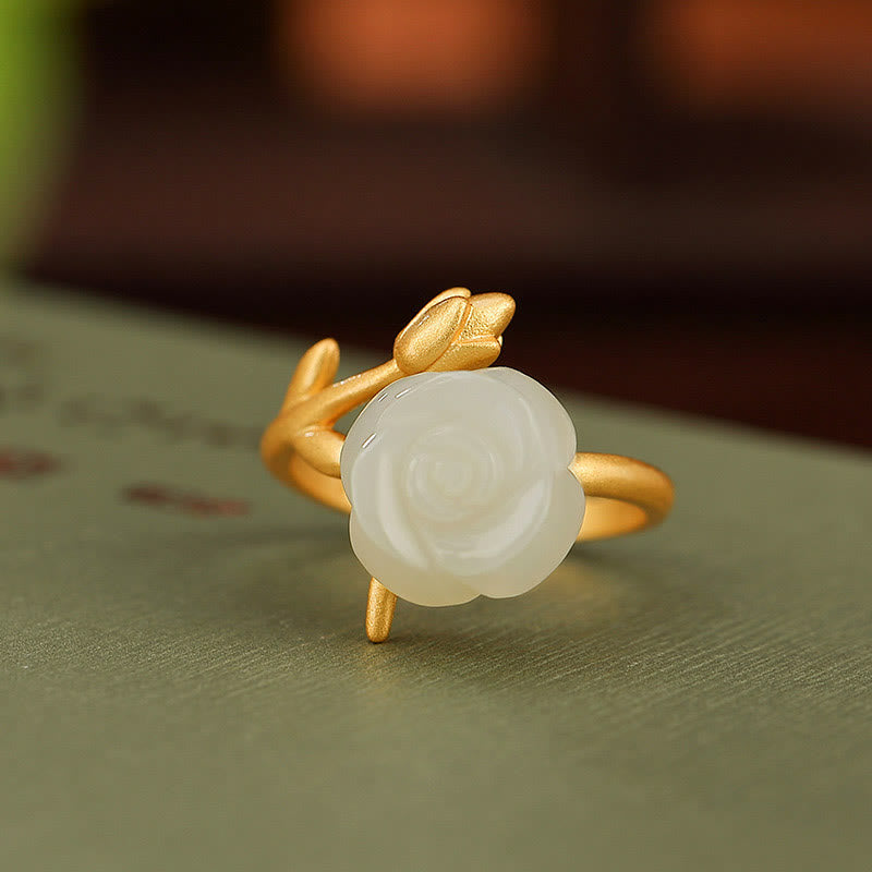 Anello della felicità in giada bianca Hetian con fiore rosa in argento sterling 925 placcato oro Buddha Stones