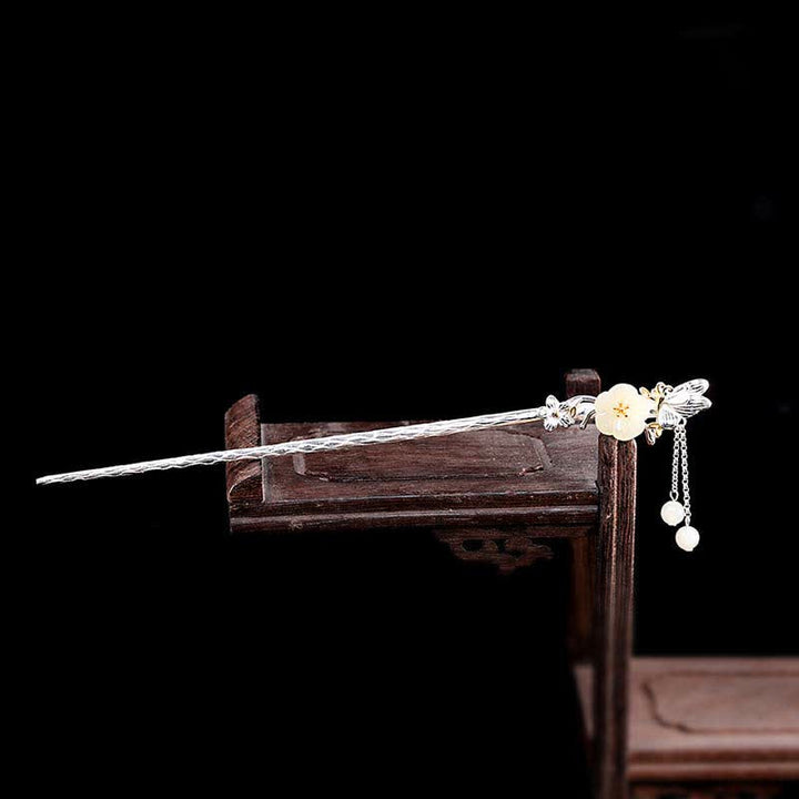Forcina per capelli con fiore di giada bianca Hetian in argento sterling 925