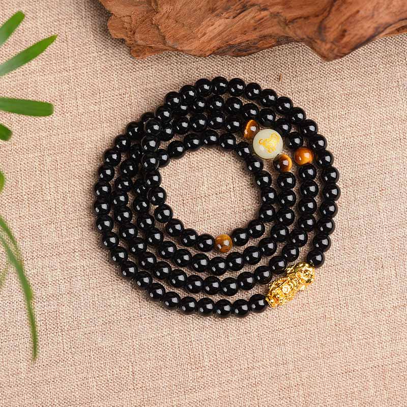 Bracciale Mala di protezione PiXiu in ossidiana con Buddha Stones e zodiaco cinese