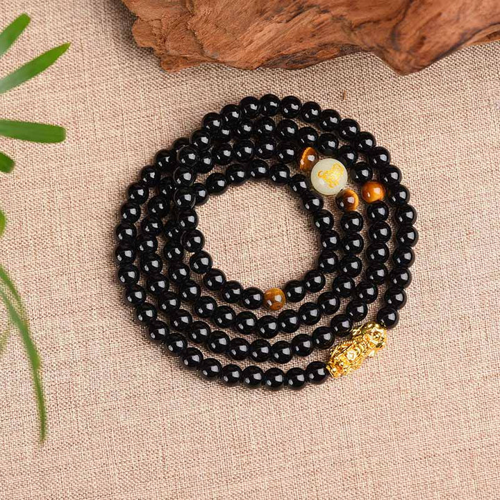 Bracciale Mala di protezione PiXiu in ossidiana con Buddha Stones e zodiaco cinese