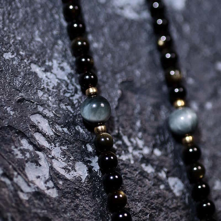 Buddha Stones 108 Mala Beads Oro Lucente Ossidiana Occhio di Tigre Pietra Occhio d'Aquila Bracciale della Ricchezza