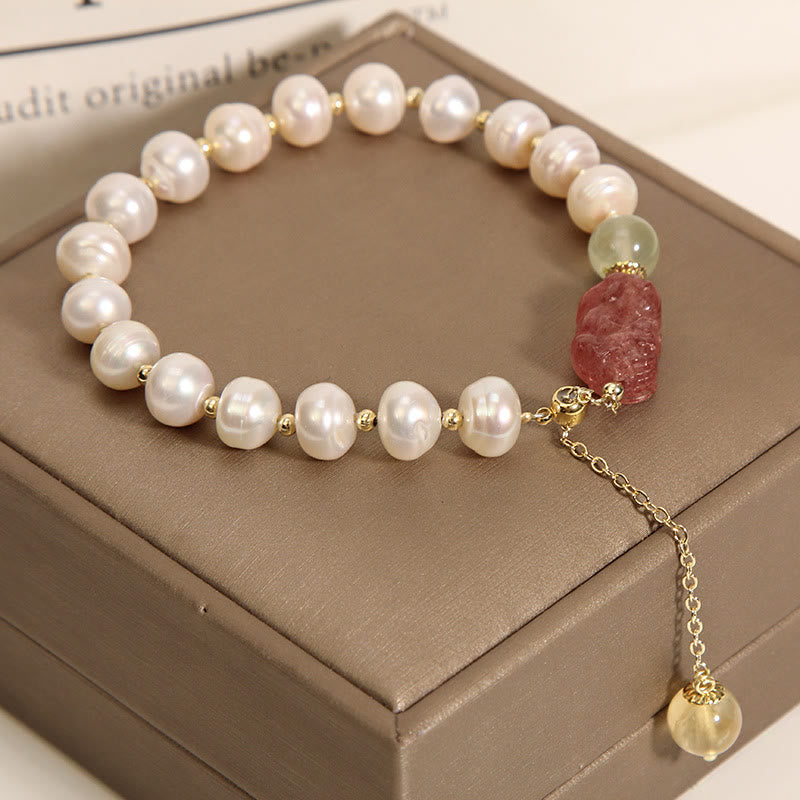 Braccialetto con ciondolo ottimismo PiXiu in quarzo fragola e perle naturali Buddha Stones