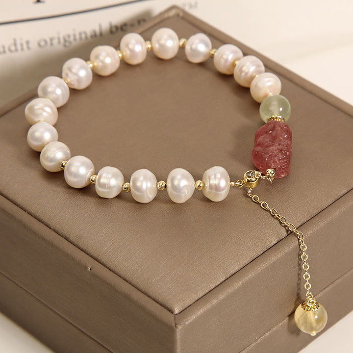 Braccialetto con ciondolo ottimismo PiXiu in quarzo fragola e perle naturali Buddha Stones