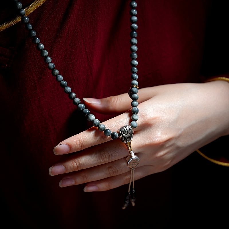 Buddha Stones Argento Sterling 925 108 Perline Mala Pietra Occhio d'Aquila Pietra di Luna Braccialetto Positivo