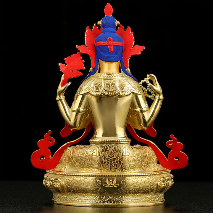 Statua di protezione di Avalokitesvara a quattro braccia di Chenrezig, placcata in oro e rame