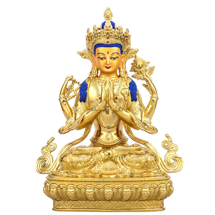 Statua di protezione di Avalokitesvara a quattro braccia di Chenrezig, placcata in oro e rame