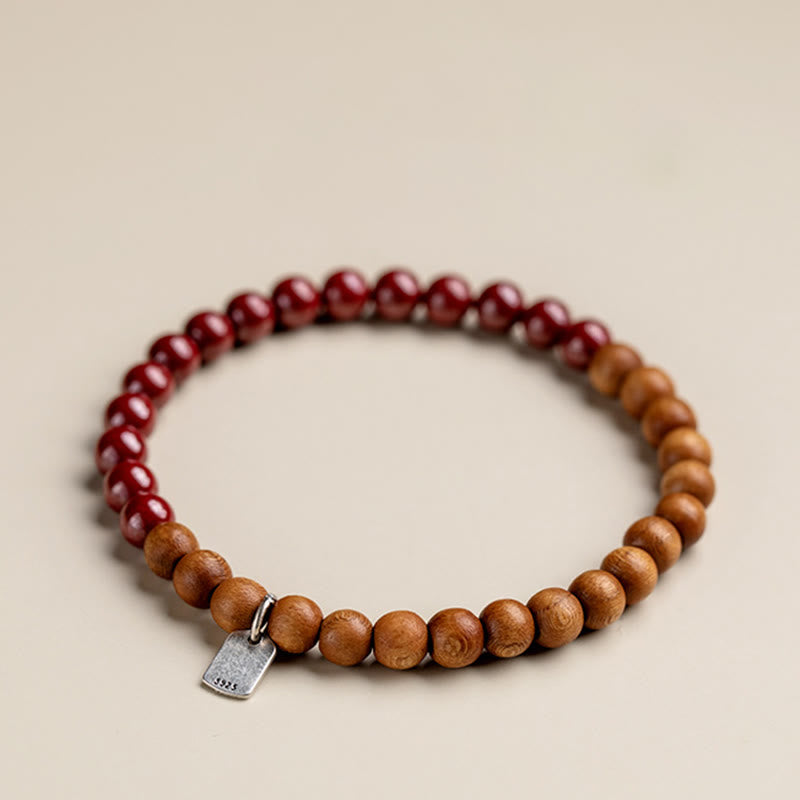Bracciale Buddha Stones in argento sterling 925, legno di pesca, cinabro, allontana gli spiriti maligni
