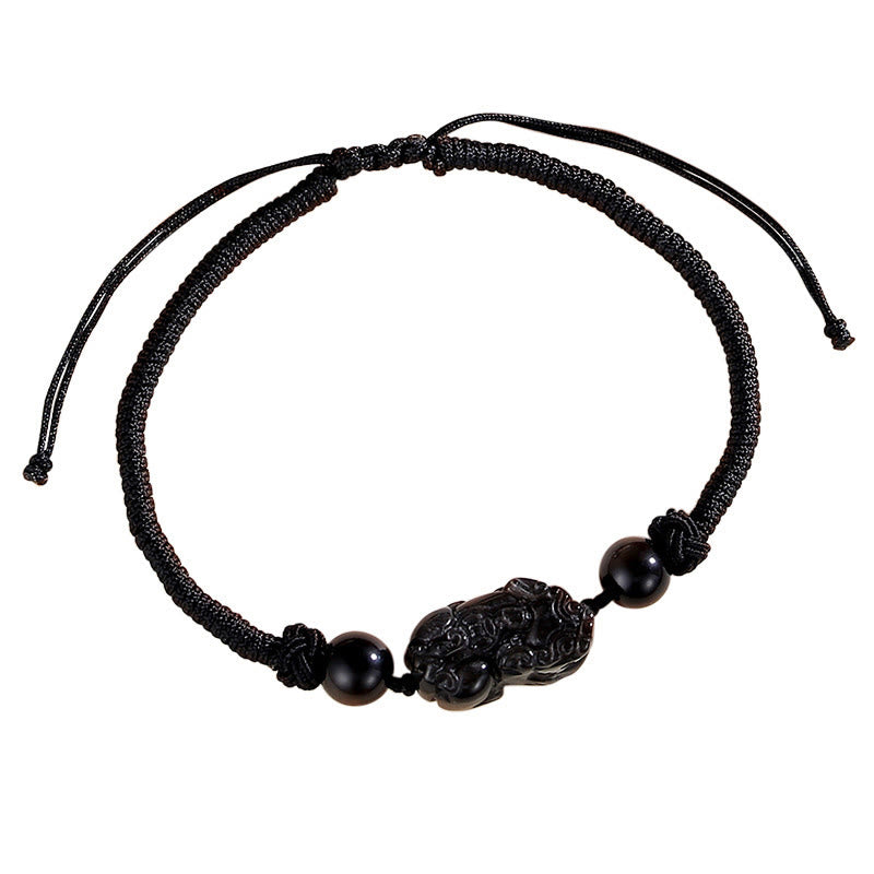 Braccialetto intrecciato di protezione PiXiu in quarzo fragola con ossidiana lucida in argento naturale fatto a mano Buddha Stones