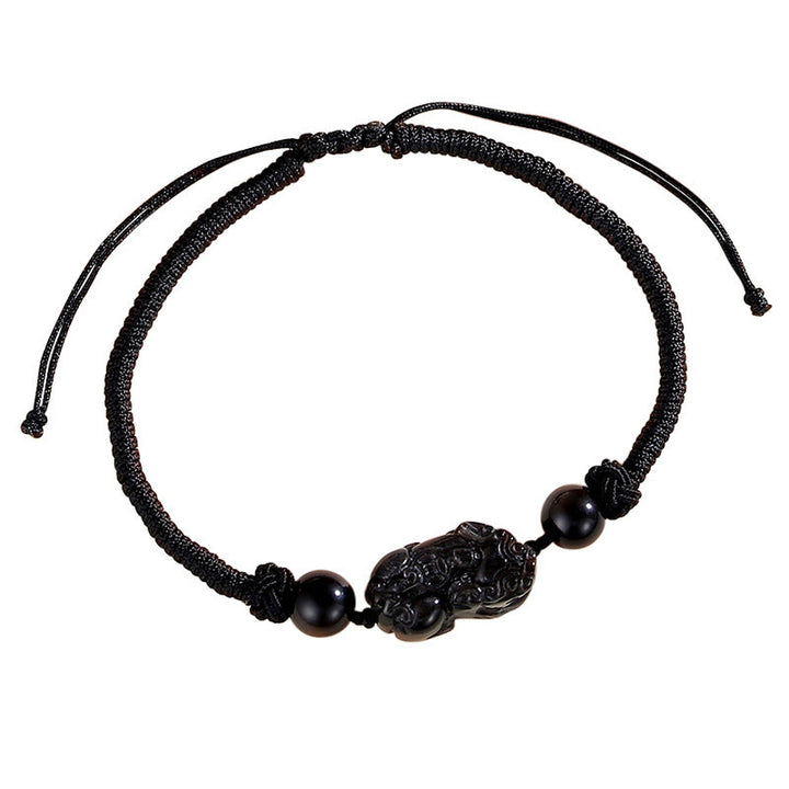 Braccialetto intrecciato di protezione PiXiu in quarzo fragola con ossidiana lucida in argento naturale fatto a mano Buddha Stones