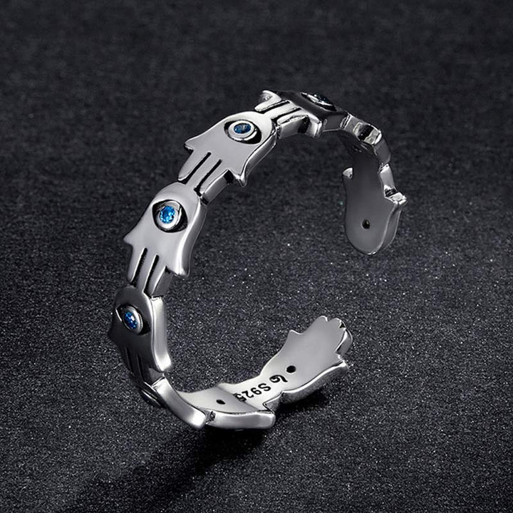 Anello regolabile con simbolo Hamsa in argento sterling 925 Buddha Stones e zircone