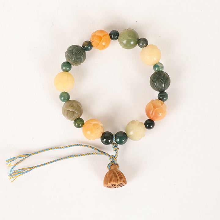 Braccialetto Buddha Stones Bodhi Seed Lotus Bead inciso Muschio Agata Pace Calma