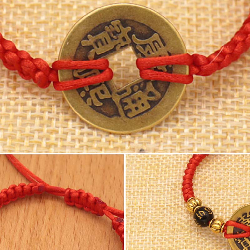 Braccialetto intrecciato con corda rossa, moneta di rame e Buddha Stones