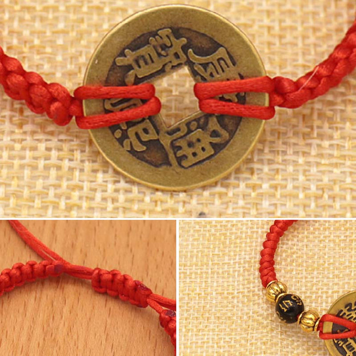 Braccialetto intrecciato con corda rossa, moneta di rame e Buddha Stones