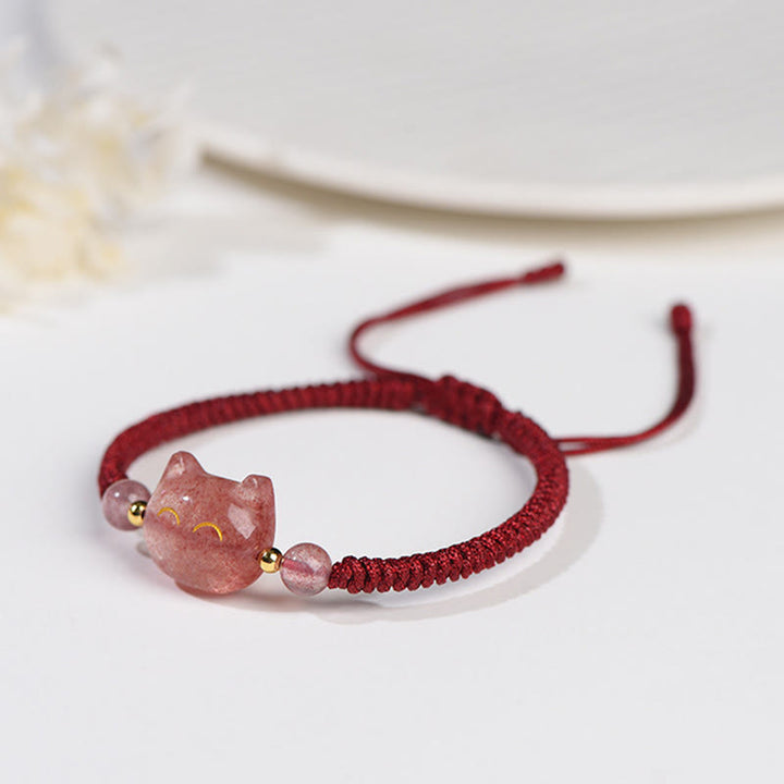 Braccialetto intrecciato con protezione per gatti carino, in ossidiana lucida d'argento naturale fatto a mano, al quarzo fragola, Buddha Stones - image 11