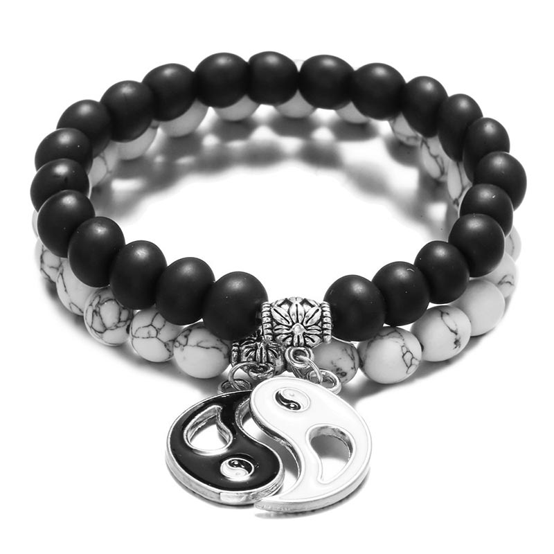 Buddha Stones 2 pezzi Braccialetto di coppia Yin Yang con perline di turchese bianco e onice nero naturale - image 0
