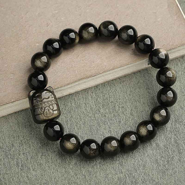Braccialetto di protezione con gatto portafortuna e zampa adorabile , Buddha Stones, ossidiana lucida d'oro, ossidiana lucida d'argento - Ossidiana lucente dorata - Gatto fortunato - 10 millimetri - image 20