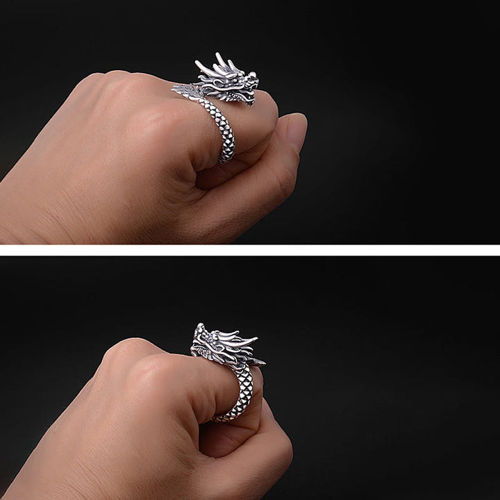 Anello regolabile Buddha Stones 990 Sterling Silver Vintage Dragon Design Luck Protection Strength