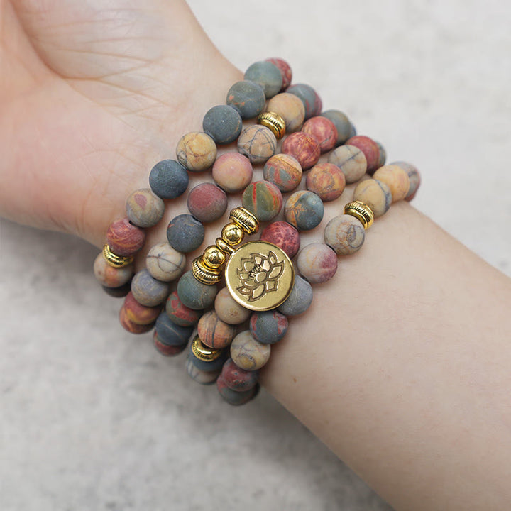 Buddha Stones 108 Mala Beads Picasso Jasper Stone Braccialetto energetico del coraggio