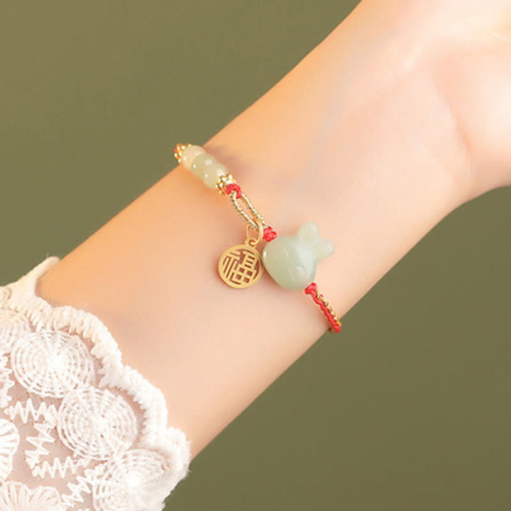 Braccialetto in corda rossa con Buddha Stones in argento sterling 925 Anno del coniglio in giada Hetian Felicità Fortuna