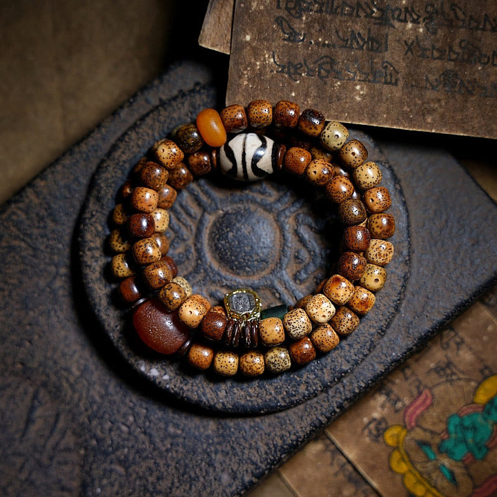 Buddha Stones Semi di Bodhi Tibetano Ambra Perline Dzi Agata Zakiram Dea della Ricchezza Perline Bracciale Triplo Avvolgimento