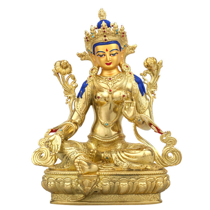 Decorazione statua in rame placcato oro Bodhisattva Tara verde protezione