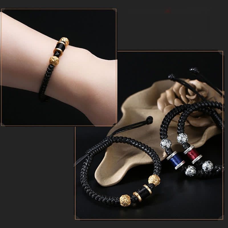 Braccialetto in corda intrecciata con perline di rame in argento sterling 999 Buddha Stones