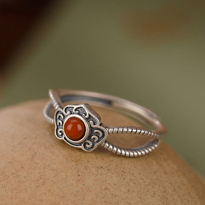 Anello di pensiero logico con perline di agata rossa in argento sterling 925 Buddha Stones