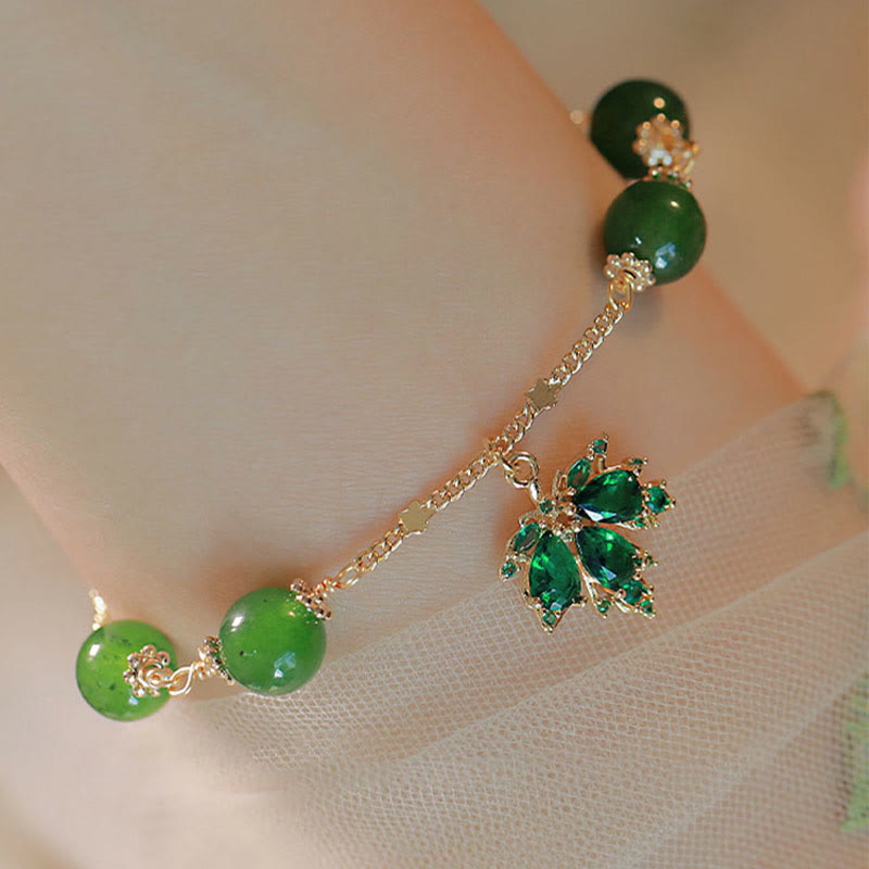Bracciale Buddha Stones placcato oro 14k calcedonio verde foglia d'acero coraggio forza