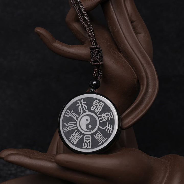 Buddha Stones Ossidiana nera Taoismo Cinque montagne sacre Mantra a nove caratteri Intagliato Purificazione Yin Yang Collana pendente - Mantra taoista dei nove caratteri e Yin Yang - image 9