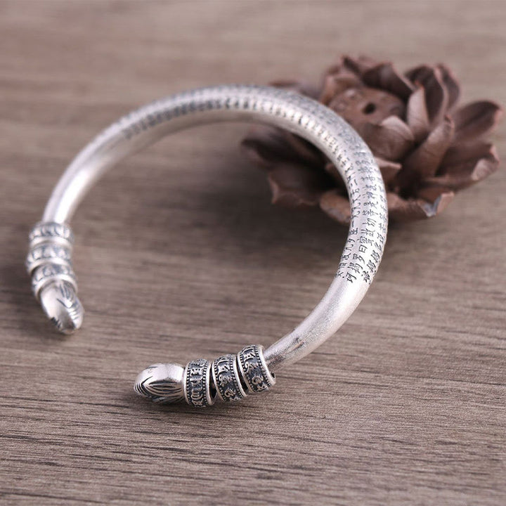 Buddha Stones 999 Sterling Silver Heart Sutra Om Mani Padme Hum Inciso Peace Purezza Bracciale Bangle - image 2