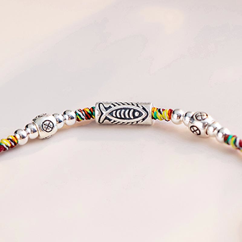 Buddha Stones 925 Sterling Silver Luck Koi Fish Braccialetto alla caviglia intrecciato con corda colorata - image 4