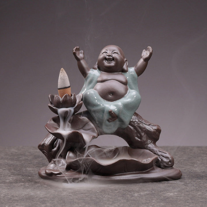Buddha Stones Piccolo Monaco Ceramica Loto Benedizione Bruciatore Incenso Decorazione