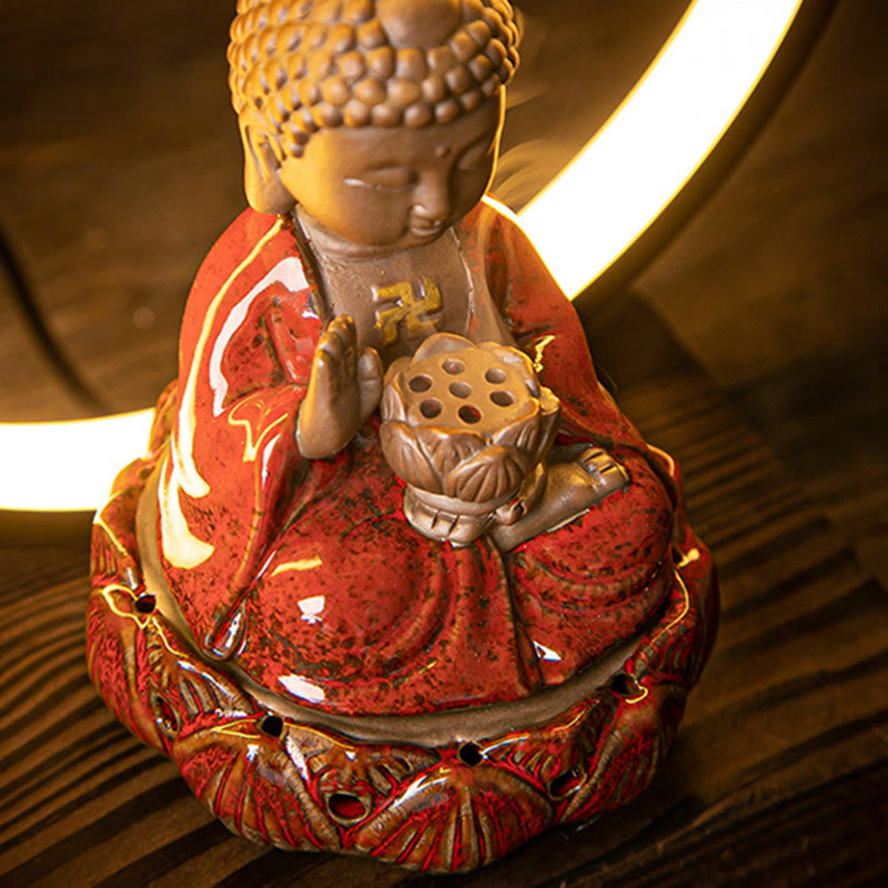 Buddha Stones Buddha Lotus Fontana di fumo a riflusso Bruciatore di incenso di benedizione in ceramica con decorazione luminosa