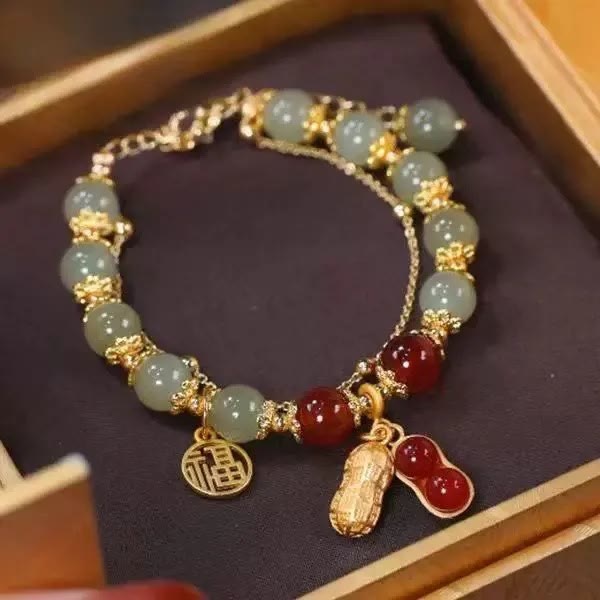 Braccialetto di perline con carattere Fu , Buddha Stones di giada, foglia di ginkgo, tulipano, arachidi e fortuna