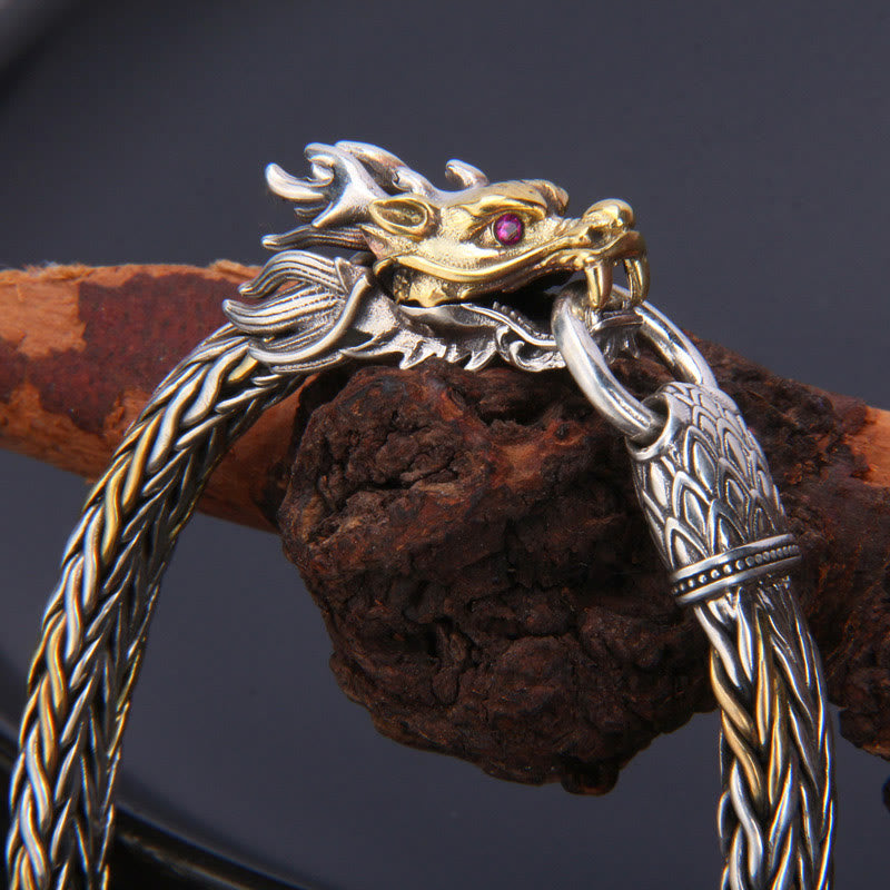 Braccialetto in metallo intrecciato con design a forma di drago Buddha Stones in argento sterling 925 Anno del drago di buon auspicio