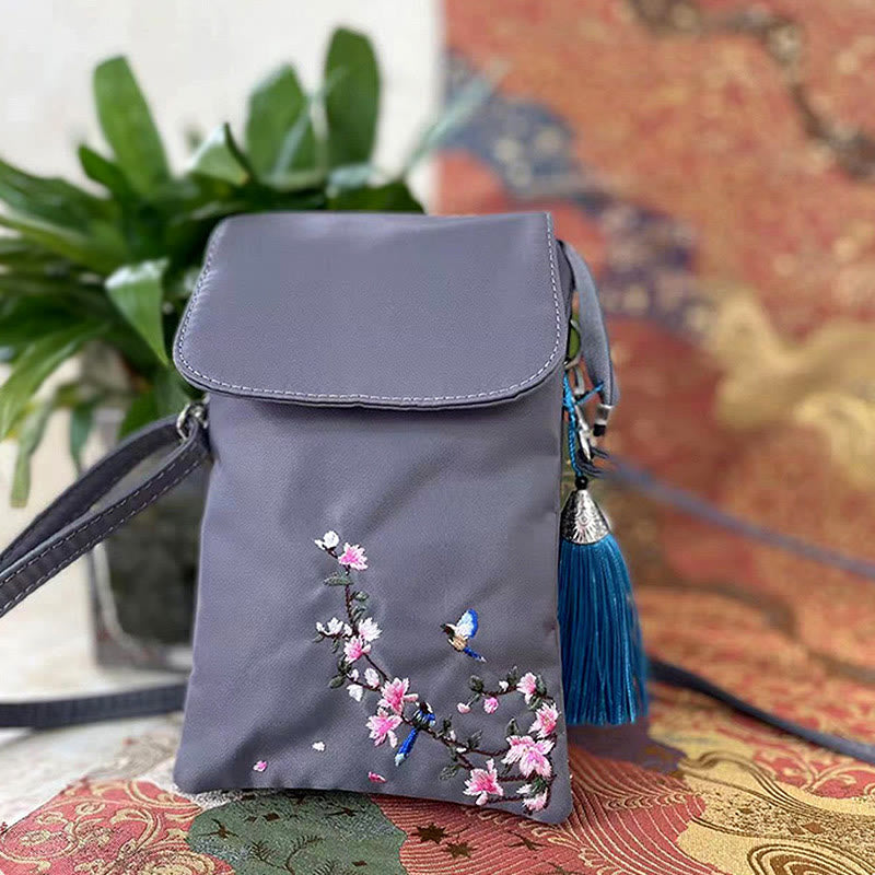 Borsa a tracolla con fiori di loto ricamati a mano, impermeabile , Buddha Stones , borsa per cellulare