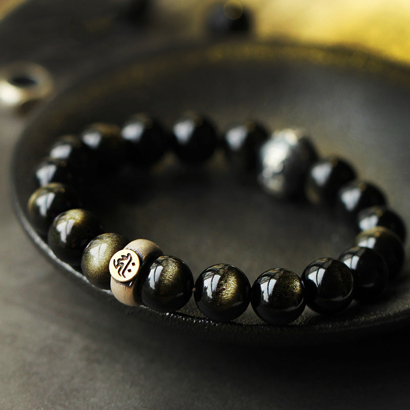 Braccialetto purificante in ossidiana con Buddha Stones e zodiaco cinese - 10 mm - Cane/Maiale - image 0