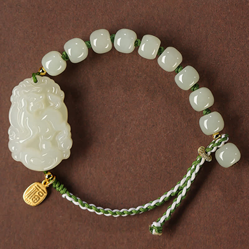 Braccialetto in argento sterling 925 con zodiaco cinese Hetian Jade Happiness Luck String