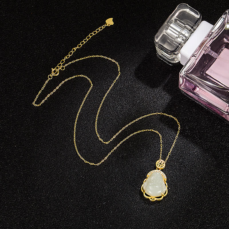 Collana con ciondolo di protezione in giada bianca Hetian Buddha che ride in argento sterling 925 - image 4