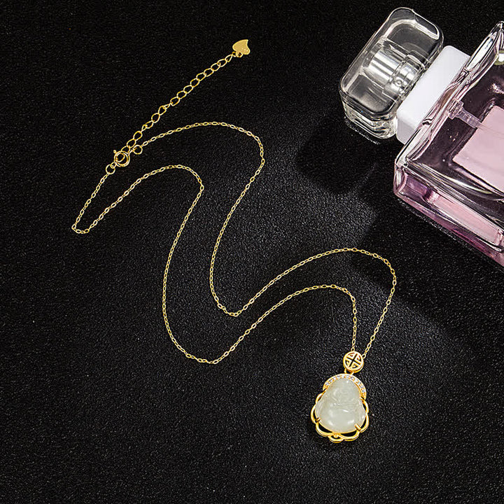 Collana con ciondolo di protezione in giada bianca Hetian Buddha che ride in argento sterling 925 - image 4