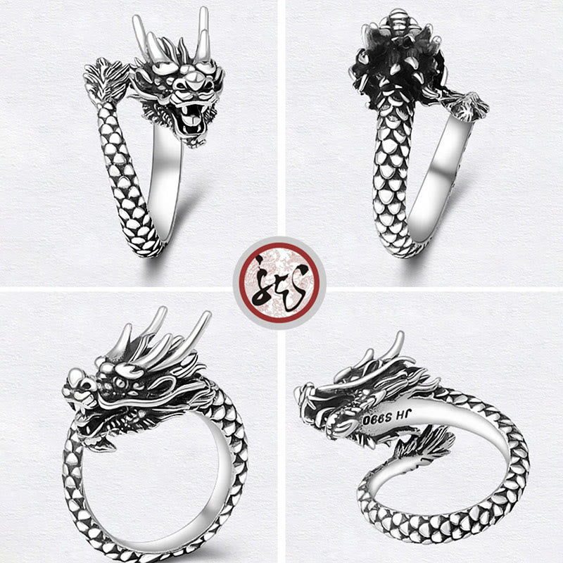 Anello regolabile Buddha Stones 990 Sterling Silver Vintage Dragon Design Luck Protection Strength