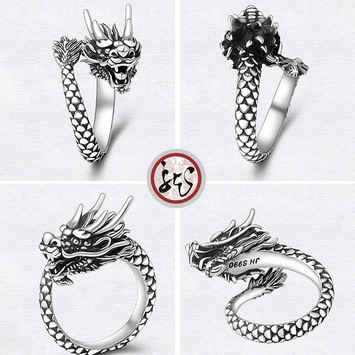 Anello regolabile Buddha Stones 990 Sterling Silver Vintage Dragon Design Luck Protection Strength