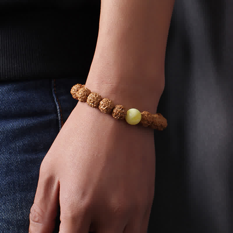 Buddha Stones Tibet Rudraksha Bodhi Seed Dzi Bead Ambra Turchese Bracciale della Ricchezza