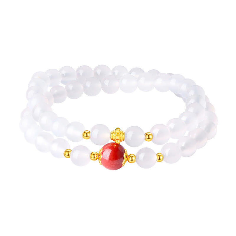 Braccialetto di protezione a doppio giro Buddha Stones in argento sterling 925 con agata bianca naturale e cinabro